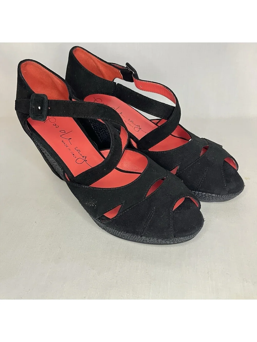 Pas De Rouge Italy Black Suede Platform Wedge Sandal Sz 37 US 6.5
